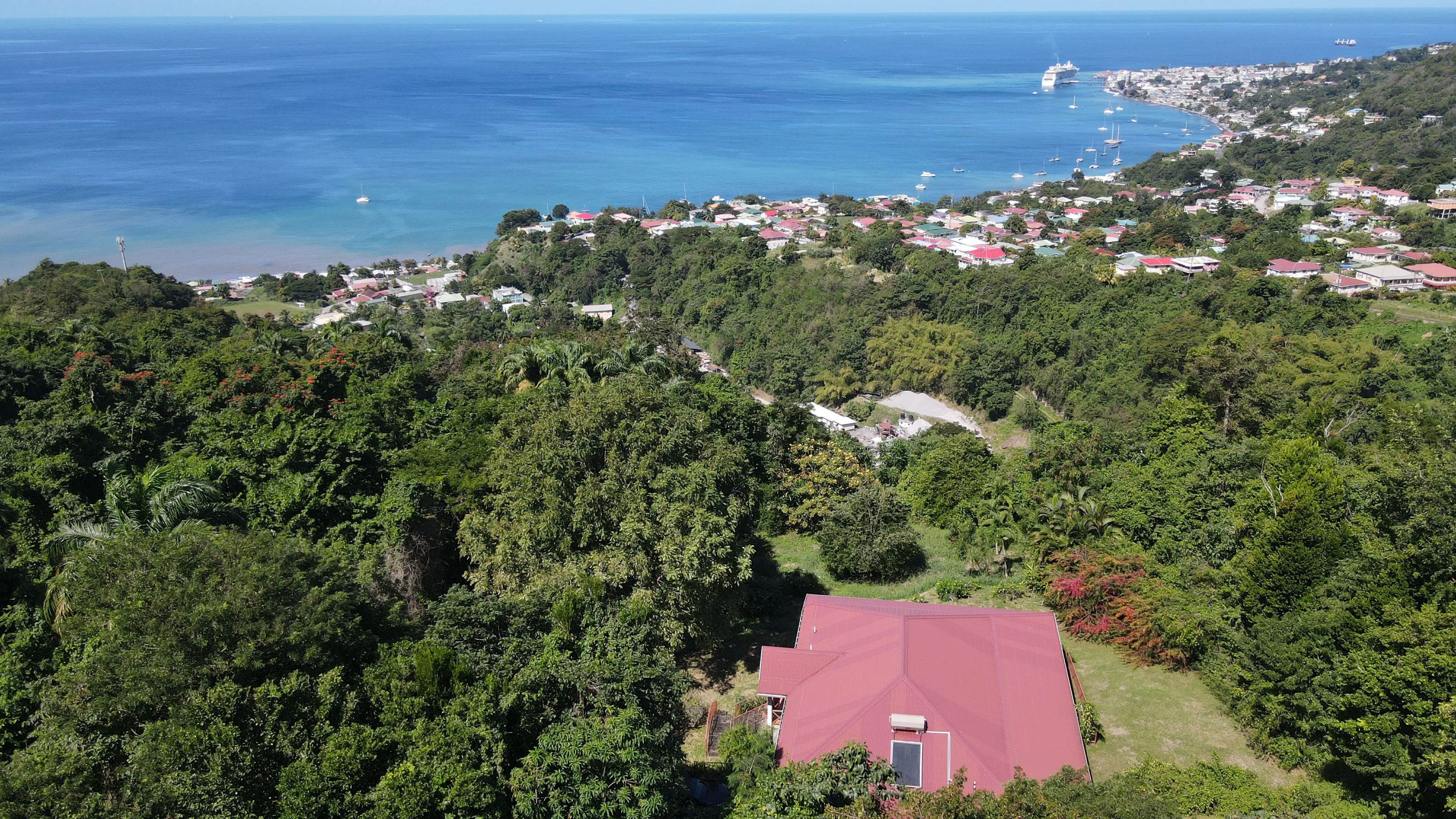 Aerial drone view of a Dominica property showing land boundaries and surrounding views